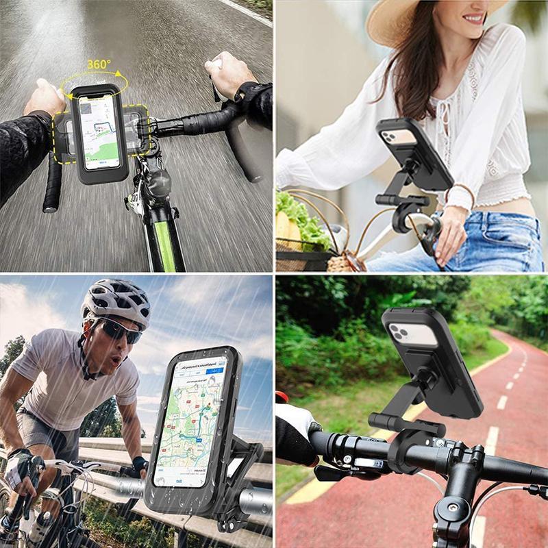 "Vanntett telefonholder med 360° justering, robust design, sikker montering, passer til mobiltelefoner opptil 6,5 tommer."