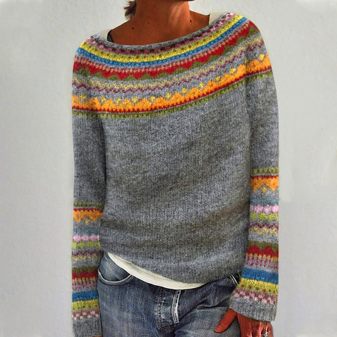 Kvinnegenser med rundhals, langermet, i vintage retro-stil. En varm og tidløs pullover for kvinner.