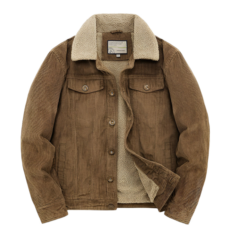 Varm, fôret herrejakke i cordfløyel for høst/vinter, vindtett og komfortabel casual stil