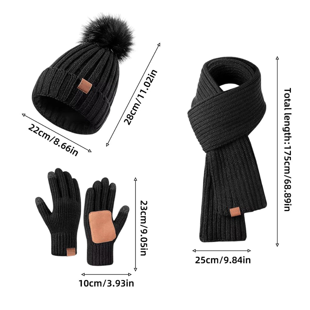 Koselig strikket vintertilbehør for kvinner. Beanie, skjerf og hansker som holder deg varm i kulda.