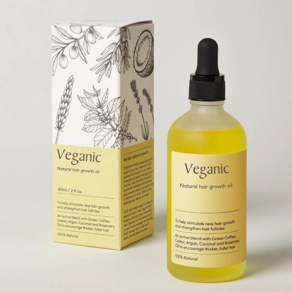 "Vegansk naturlig hårvekstolje i flaske, klar væske for styrket og revitalisert hår, mot frizz og fuktighet"