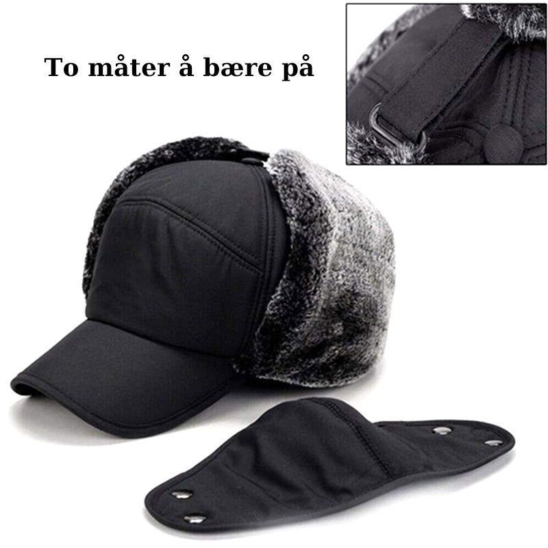 "Vindtett unisex lue for vinter med øre- og ansiktsbeskyttelse, pilothatt design, justerbar for komfort og varme."