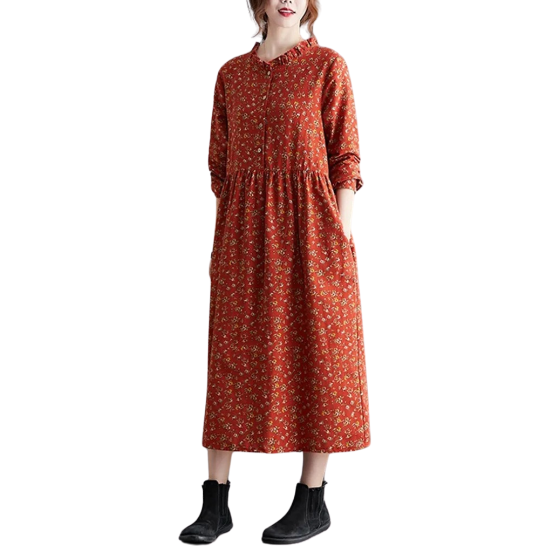 Vakker langermet blomstret vintagekjole med romantiske volanger, løs passform for kvinner.