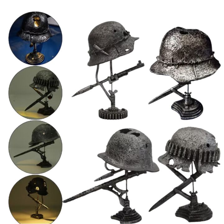 Unik bordlampe i vintage hjelmdesign, ideell som gave. Nostalgisk retro LED-lampe og interiør.