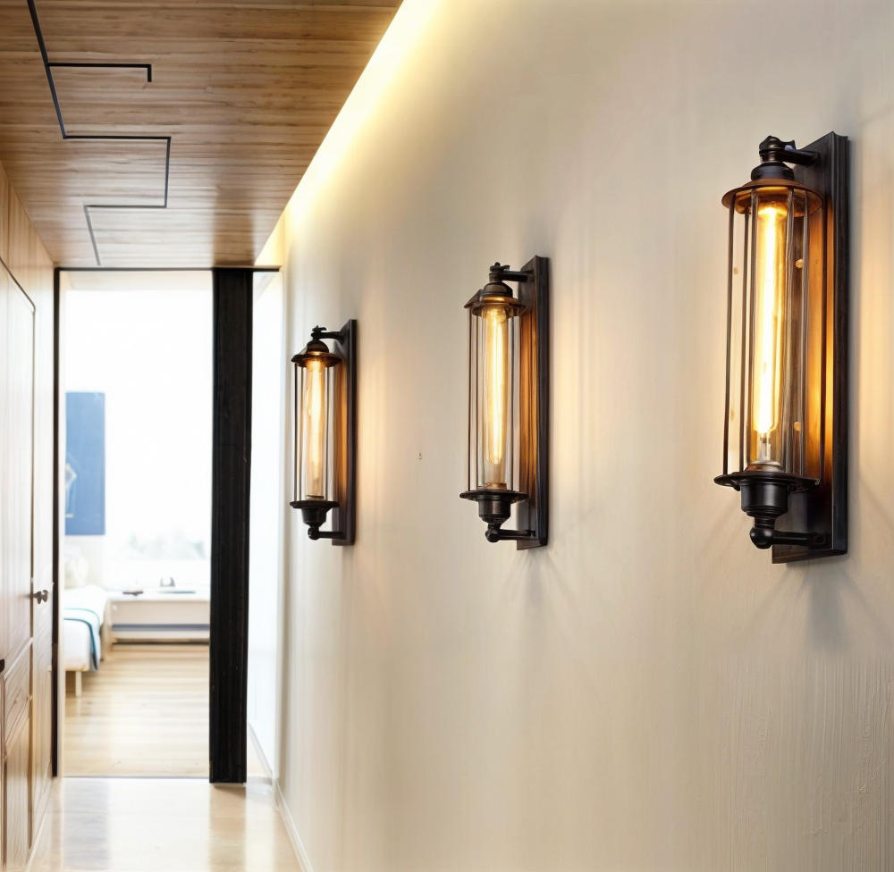 Enkel, men stilfull industriell vegglampe i matt sort metall, gir vintage atmosfære