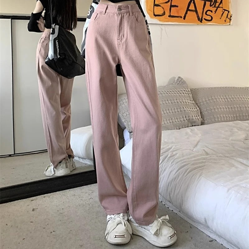 Klassiske vintage-vask vide ben jeans for kvinner, høy midje, allsidig bukse for damemote.