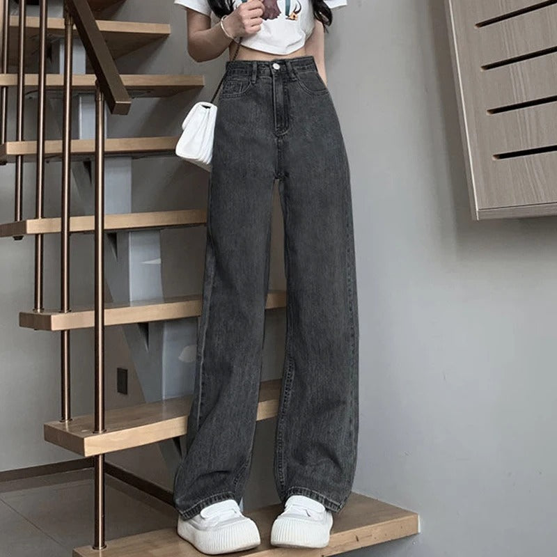 Trendy vide ben jeans for kvinner, retro høy midje passform, komfortabel denim for hverdag og fest.