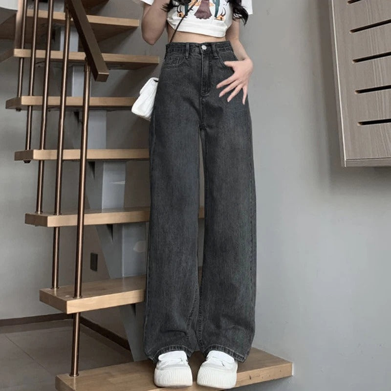 Retro blå vide ben jeans for kvinner, høy midje og komfortabel passform, flott for streetwear.
