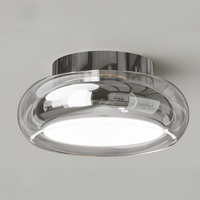 "Vintage LED taklampe i akryl med retro design, kompakt størrelse og moderne lavenergi belysning"