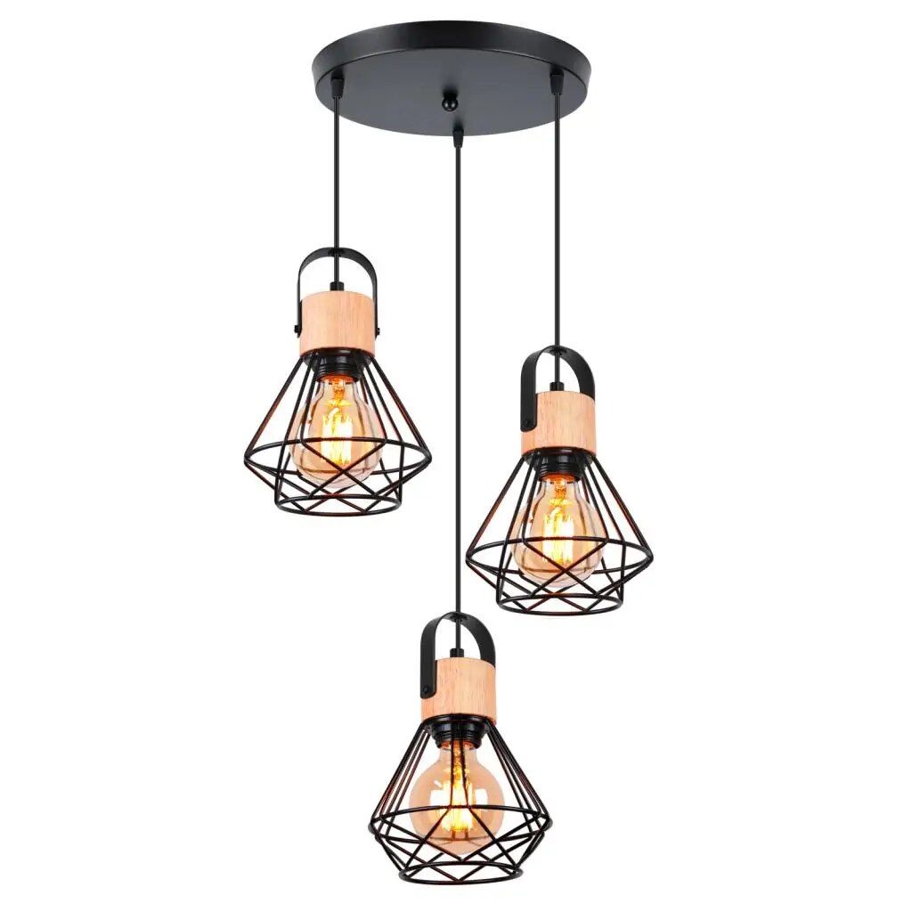 Vintage pendellampe i jern med treelementer, gir rustikk og klassisk stil, perfekt for vintage og moderne interiør.