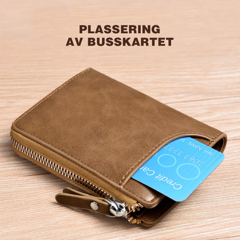 "Vintage skinn RFID-lommebok for menn i brun, svart eller kaki. Sikker og stilig med rom for 14 kort og kontanter."