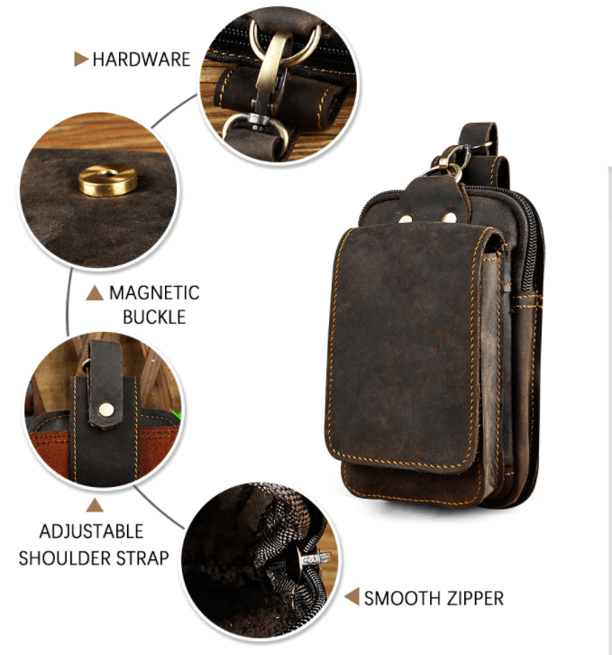 Skinnveske for menn å bære rundt midjen, med beltestropp og robust krok feste