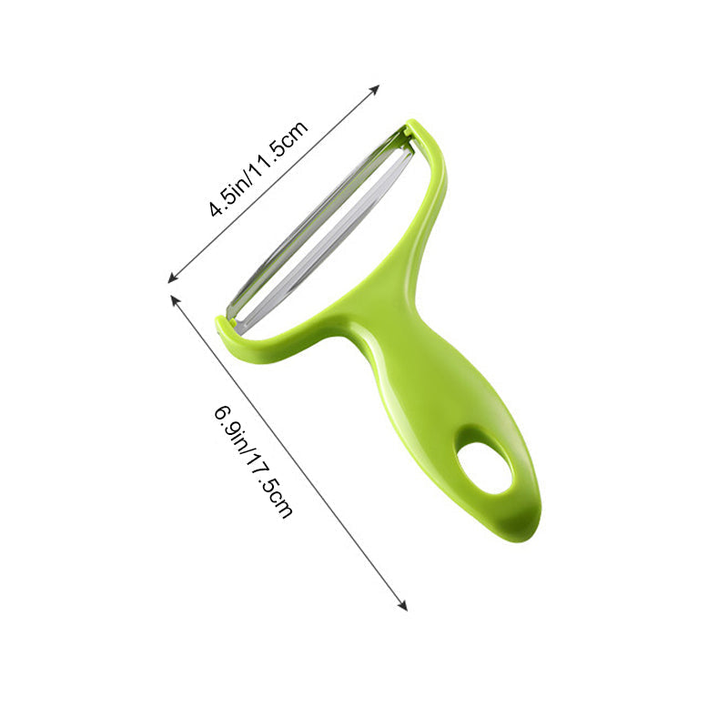 Y-skreller med bredt rustfritt stålblad og ergonomisk plastgrep for enkel skrelling av frukt og grønnsaker.