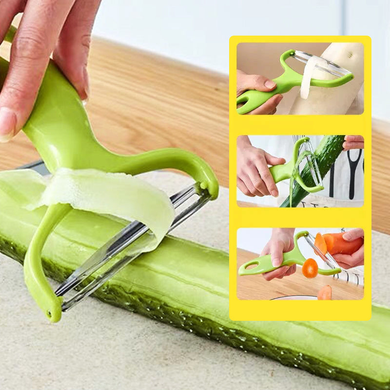 Y-skreller med bredt rustfritt stålblad og ergonomisk plastgrep for enkel skrelling av frukt og grønnsaker.