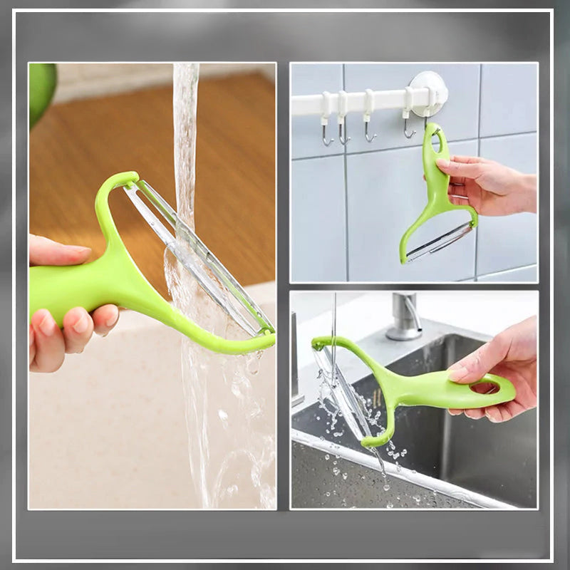 Y-skreller med bredt rustfritt stålblad og ergonomisk plastgrep for enkel skrelling av frukt og grønnsaker.